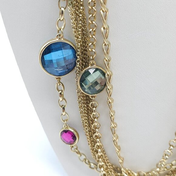 Multi-Strand Gold-Tone Chain Necklace With Colorful Faceted Gemstones - Picture 3 of 7